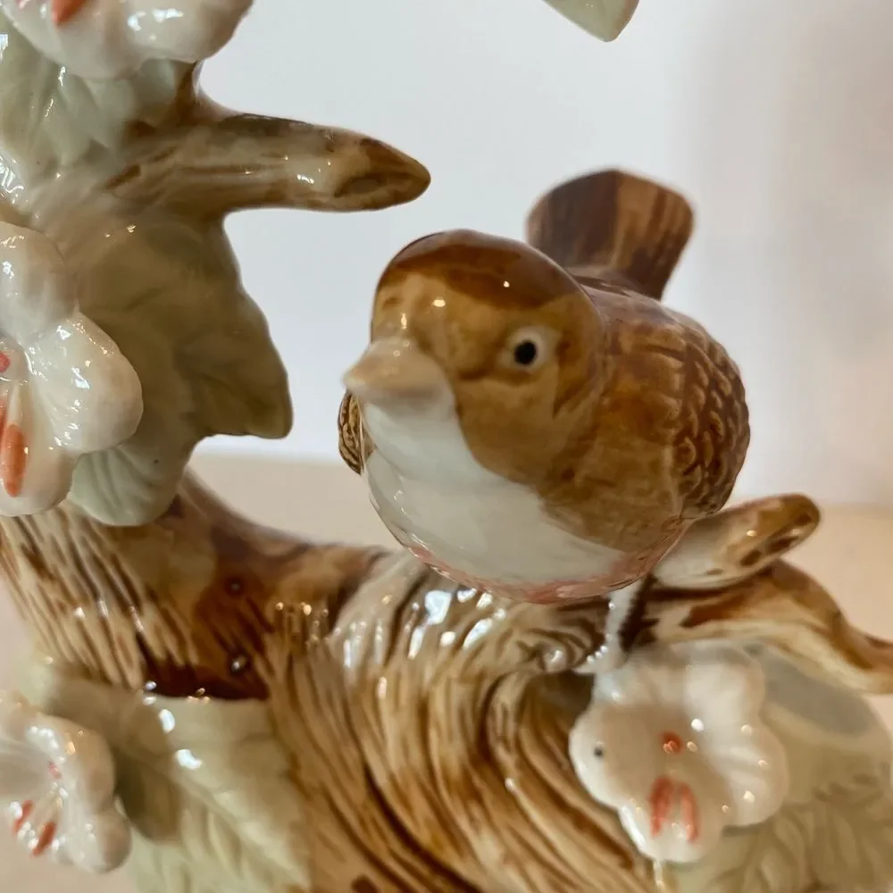 Collectible high gloss ceramic porcelain bird on perch surrounded by Holly Hocks - Picture 12 of 15